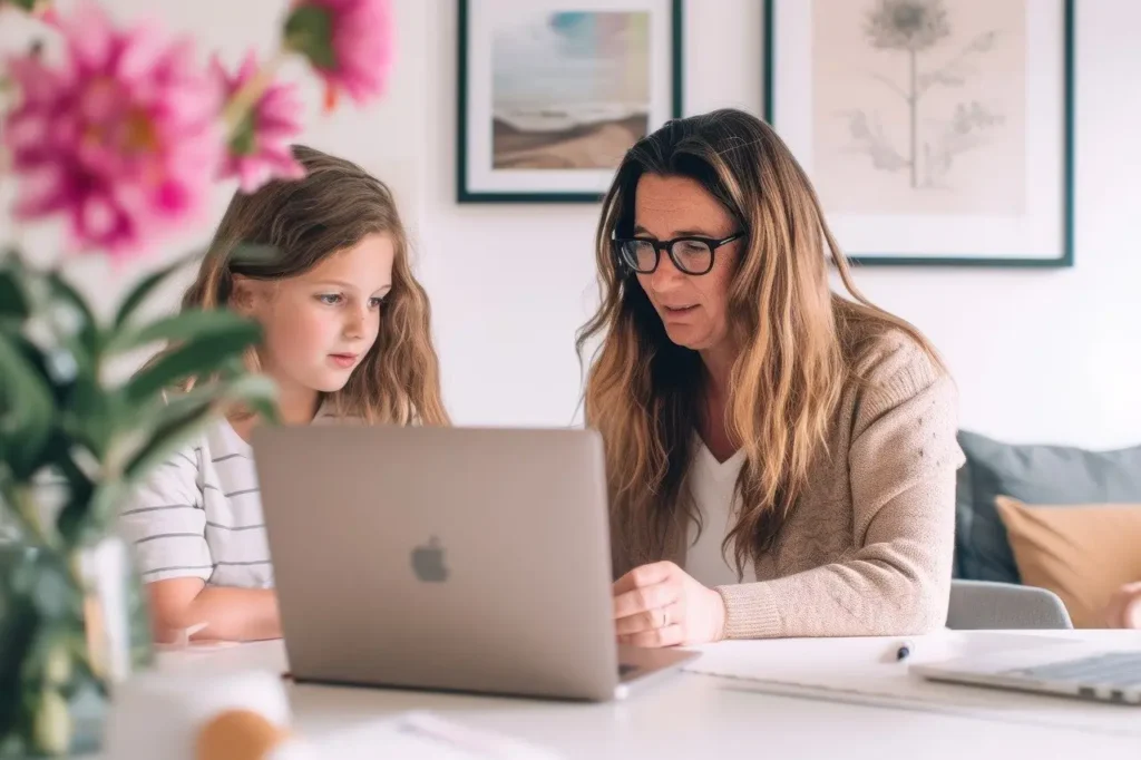 Mother and daughter working together on a laptop, addressing family conflicts