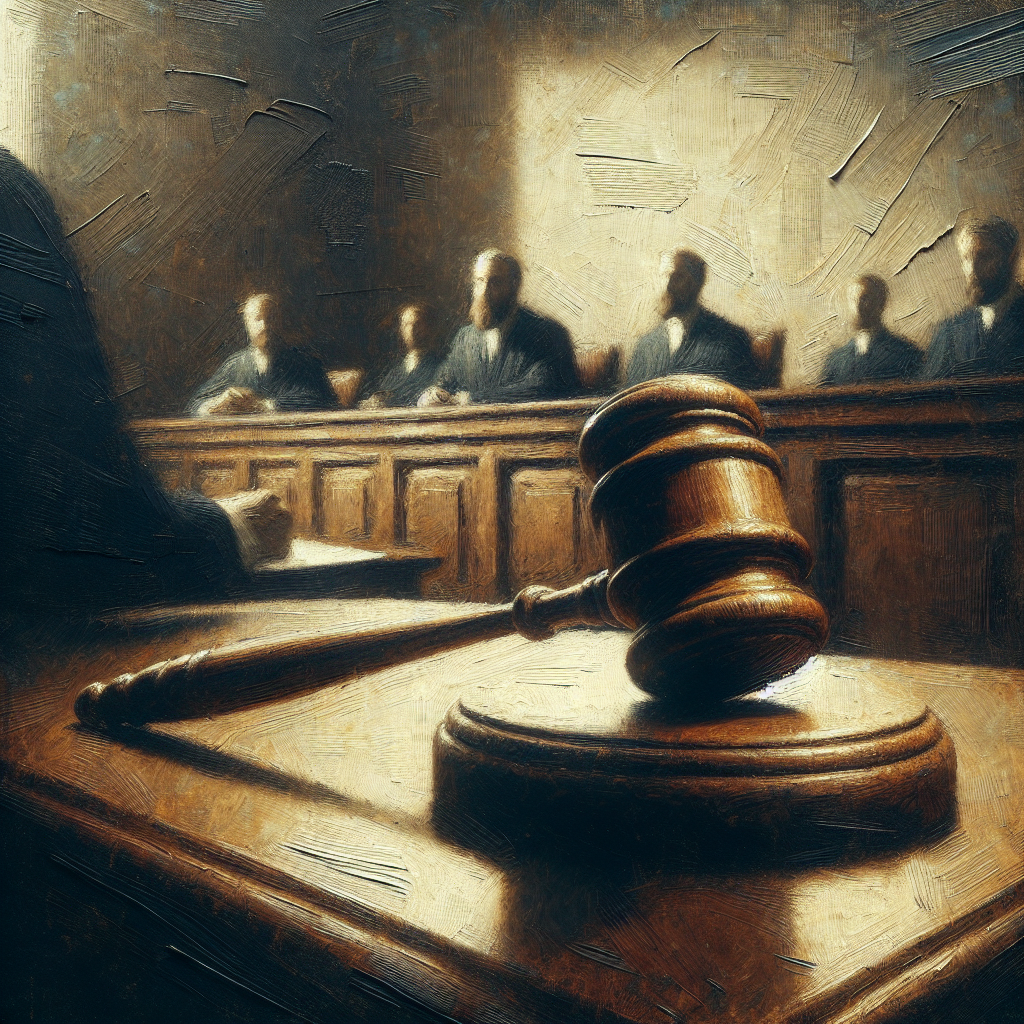 Artistic rendering of a courtroom with judges on the bench and a prominent gavel in the foreground, symbolizing legal decision-making.