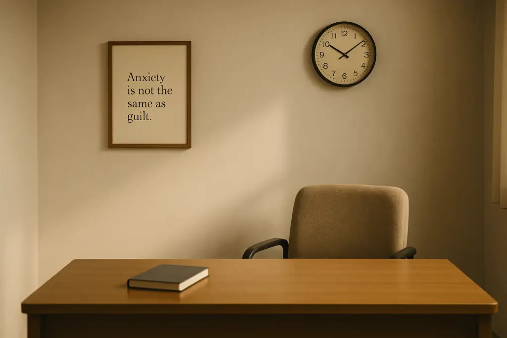 Visual metaphor for polygraph anxiety: framed quote says “Anxiety is not the same as guilt” — relevant to lie detector cheating tests