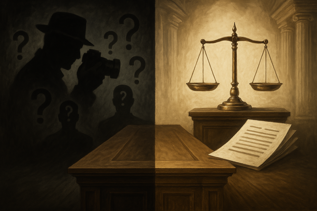"Symbolic contrast between surveillance and truth: shadows and question marks on one side, scales and documents on the other"