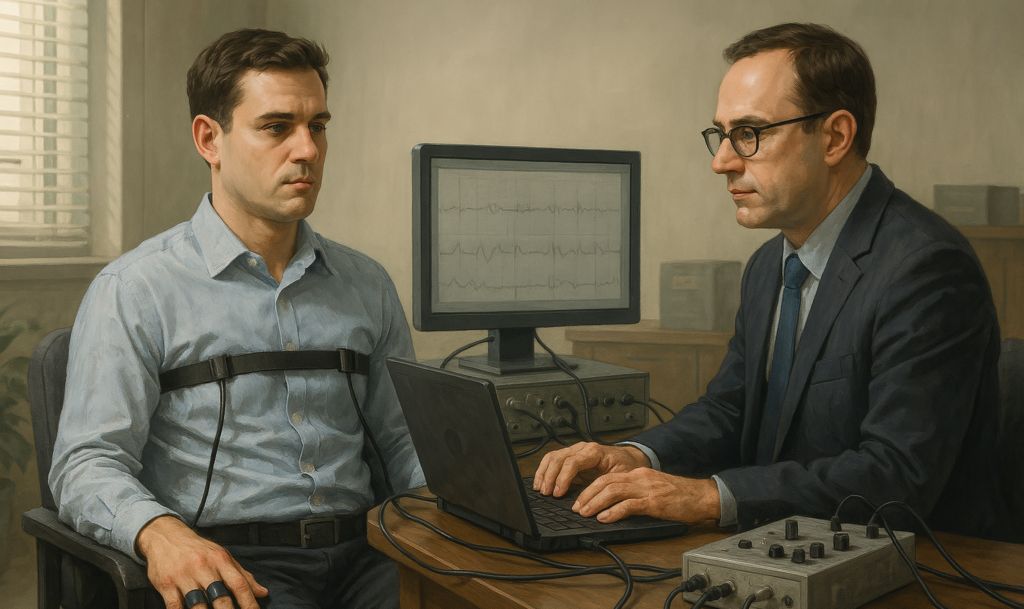 Man taking a lie detector test in a professional office setting during an infidelity polygraph examination