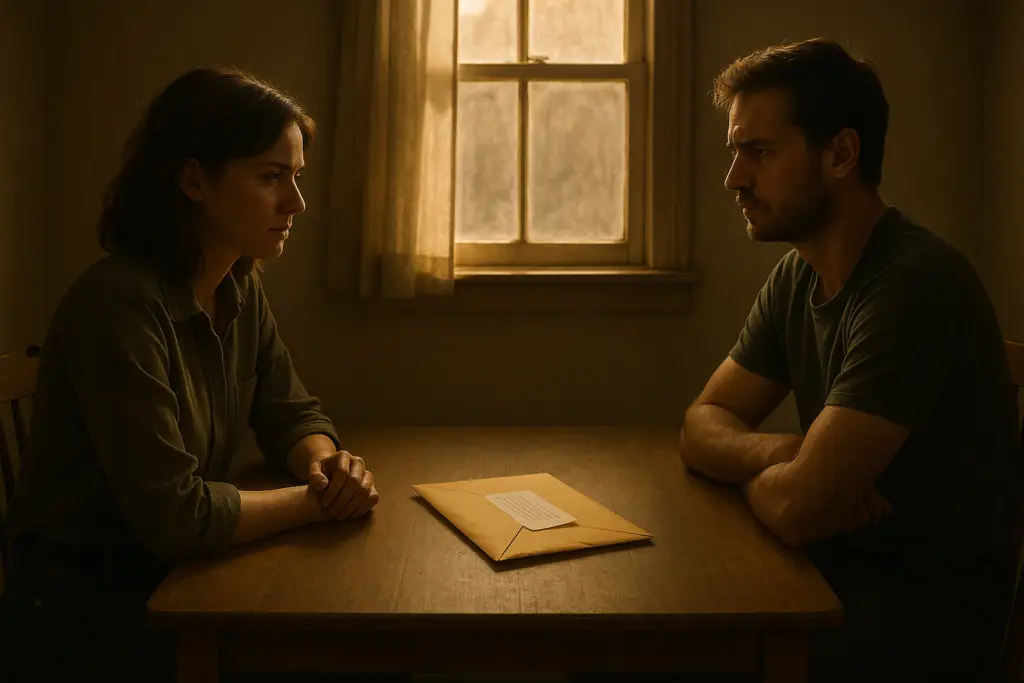 Serious couple facing each other across a table, envelope between them, illustrating the emotional weight of taking a lie detector test to address cheating in a relationship.